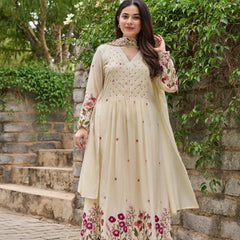 Floral Embroidered Pintuck Anarkali Suit Set with Dupatta