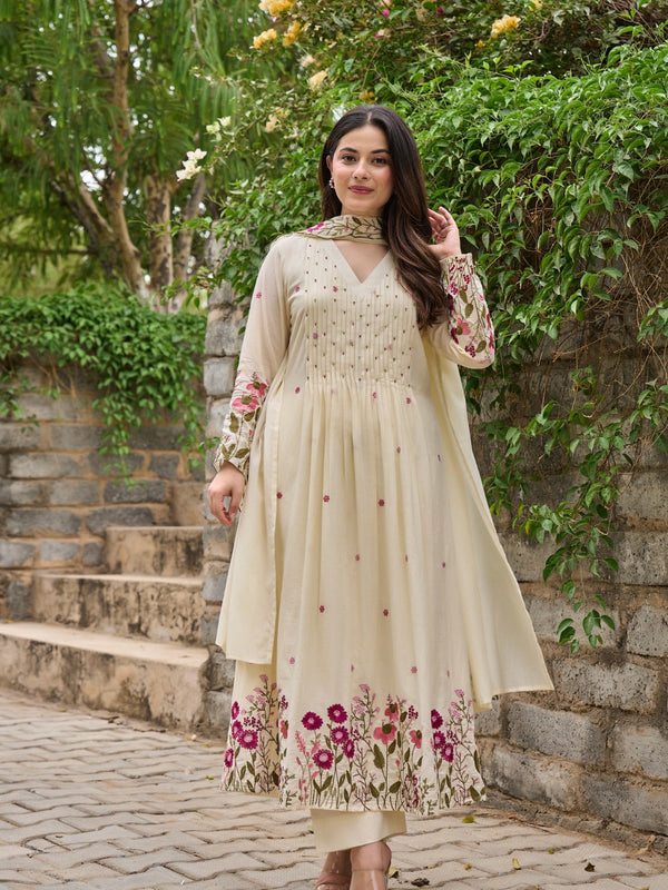 Floral Embroidered Pintuck Anarkali Suit Set with Dupatta