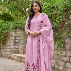 Floral Embroidered Pintuck Anarkali Suit Set with Dupatta