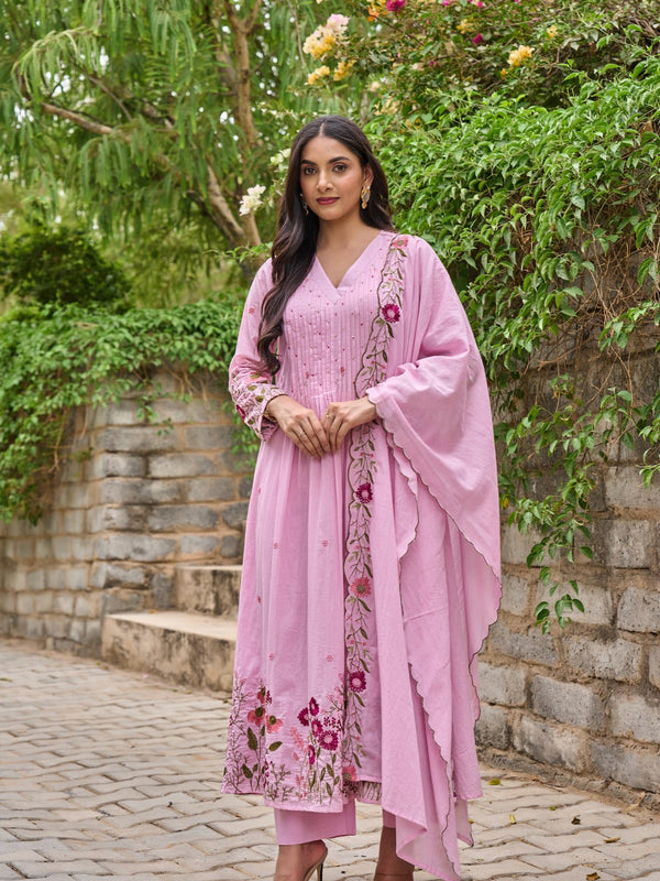 Floral Embroidered Pintuck Anarkali Suit Set with Dupatta