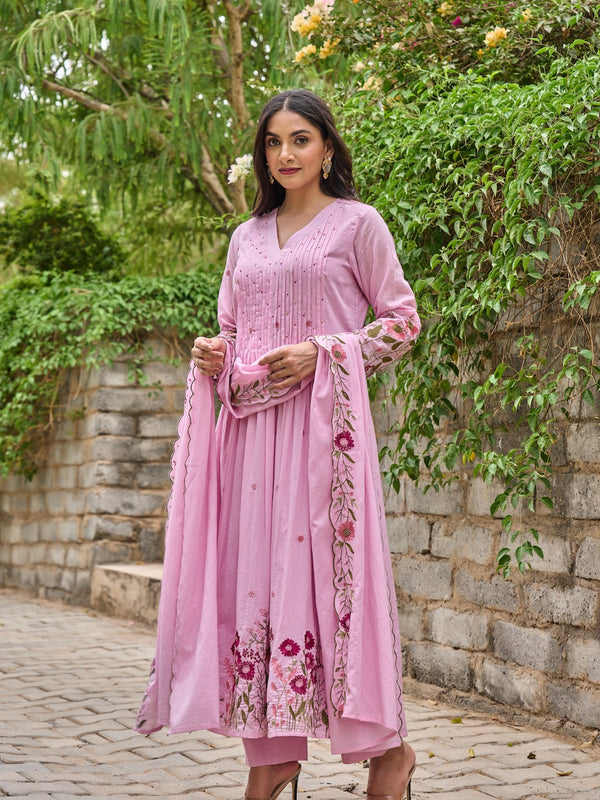 Floral Embroidered Pintuck Anarkali Suit Set with Dupatta