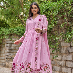 Floral Embroidered Pintuck Anarkali Suit Set with Dupatta