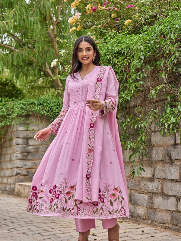 Floral Embroidered Pintuck Anarkali Suit Set with Dupatta