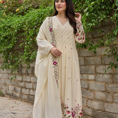 Floral Embroidered Pintuck Anarkali Suit Set with Dupatta