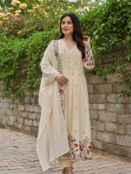 Floral Embroidered Pintuck Anarkali Suit Set with Dupatta