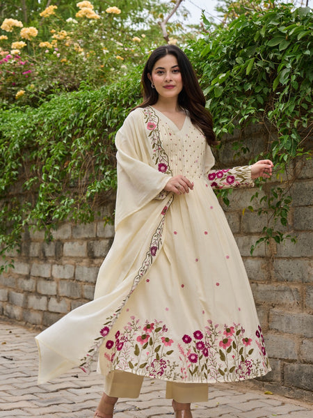 Floral Embroidered Pintuck Anarkali Suit Set with Dupatta
