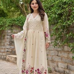 Floral Embroidered Pintuck Anarkali Suit Set with Dupatta