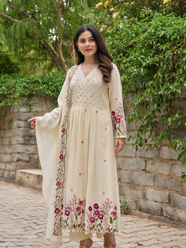 Floral Embroidered Pintuck Anarkali Suit Set with Dupatta