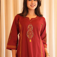 Elegant Maroon Printed Kurta Set with Dupatta & Ethnic Clutch