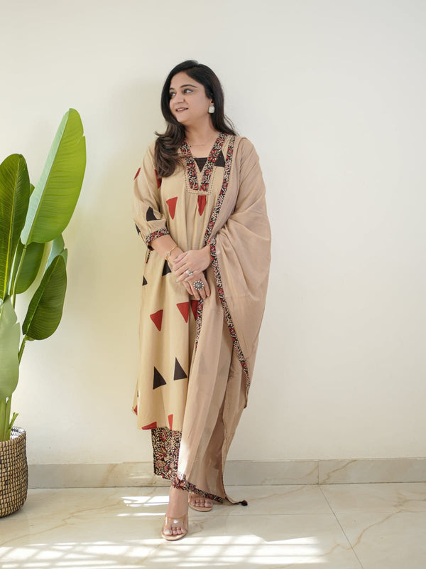 Beige Geometric Printed Kurta Set with Dupatta