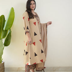 Beige Geometric Printed Kurta Set with Dupatta