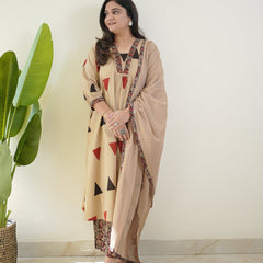 Beige Geometric Printed Kurta Set with Dupatta
