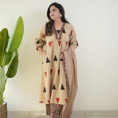 Beige Geometric Printed Kurta Set with Dupatta