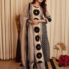 Beige & Black Printed Kurta Set with Dupatta for Women
