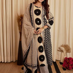 Beige & Black Printed Kurta Set with Dupatta for Women