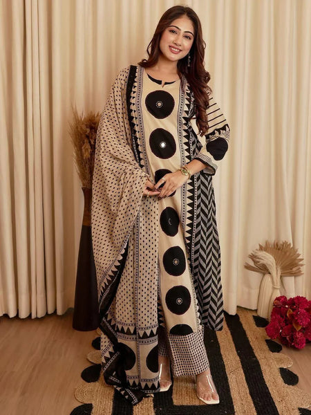 Beige & Black Printed Kurta Set with Dupatta for Women