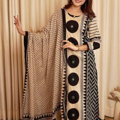 Beige & Black Printed Kurta Set with Dupatta for Women