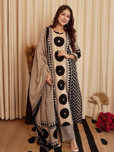 Beige & Black Printed Kurta Set with Dupatta for Women