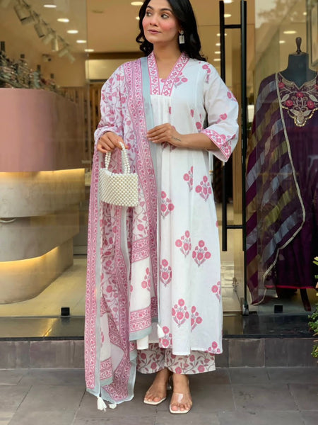 Blush Floral Printed Anarkali Suit Set with Dupatta