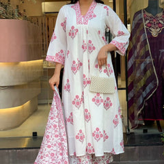 Blush Floral Printed Anarkali Suit Set with Dupatta