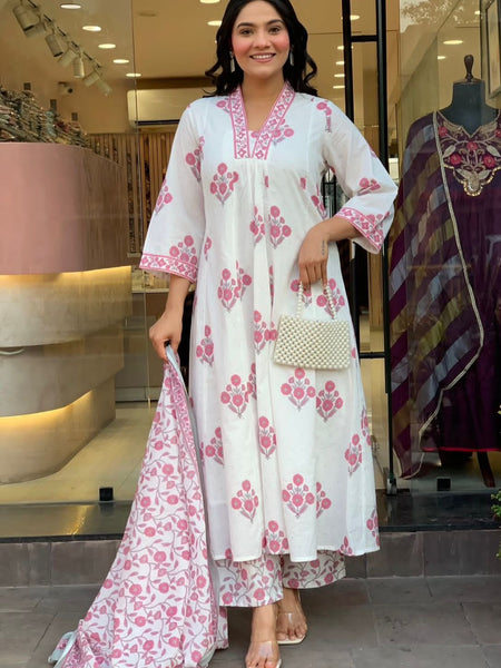 Blush Floral Printed Anarkali Suit Set with Dupatta