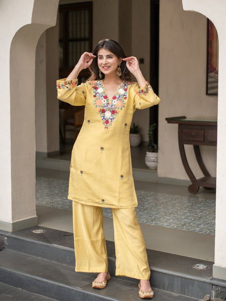 Yellow Embroidered Straight Kurta Set With Pants