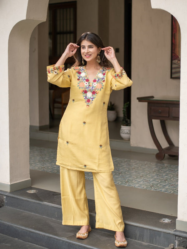 Yellow Embroidered Straight Kurta Set With Pants