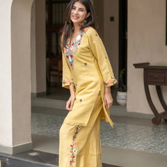 Yellow Embroidered Straight Kurta Set With Pants