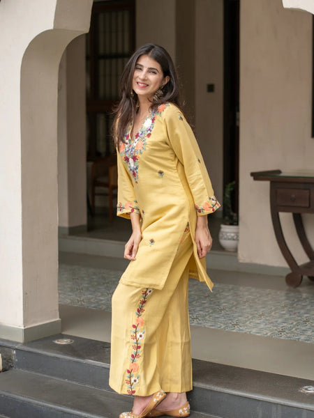 Yellow Embroidered Straight Kurta Set With Pants