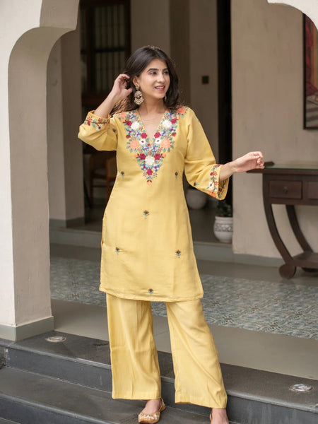 Yellow Embroidered Straight Kurta Set With Pants