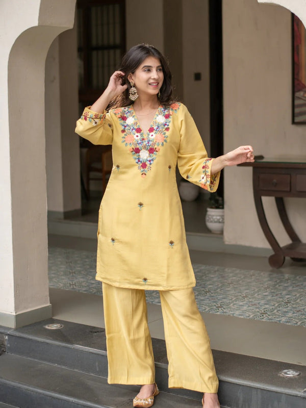 Yellow Embroidered Straight Kurta Set With Pants