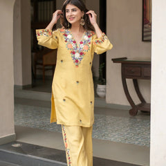 Yellow Embroidered Straight Kurta Set With Pants