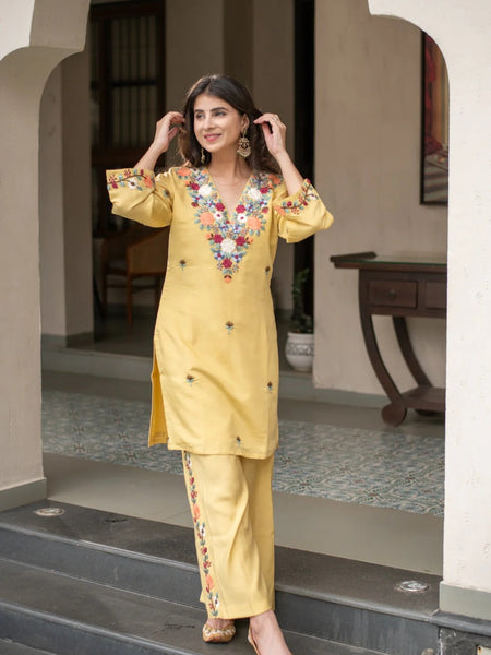Yellow Embroidered Straight Kurta Set With Pants