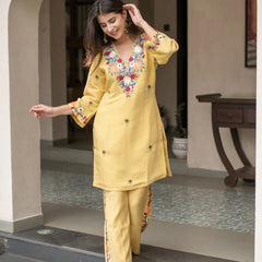 Yellow Embroidered Straight Kurta Set With Pants