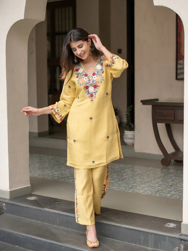 Yellow Embroidered Straight Kurta Set With Pants
