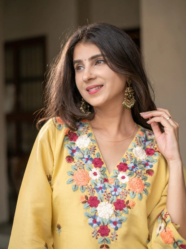 Yellow Embroidered Straight Kurta Set With Pants