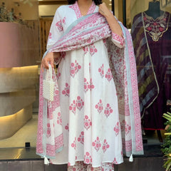 Elegant White & Pink Floral Printed Anarkali Suit Set with Dupatta