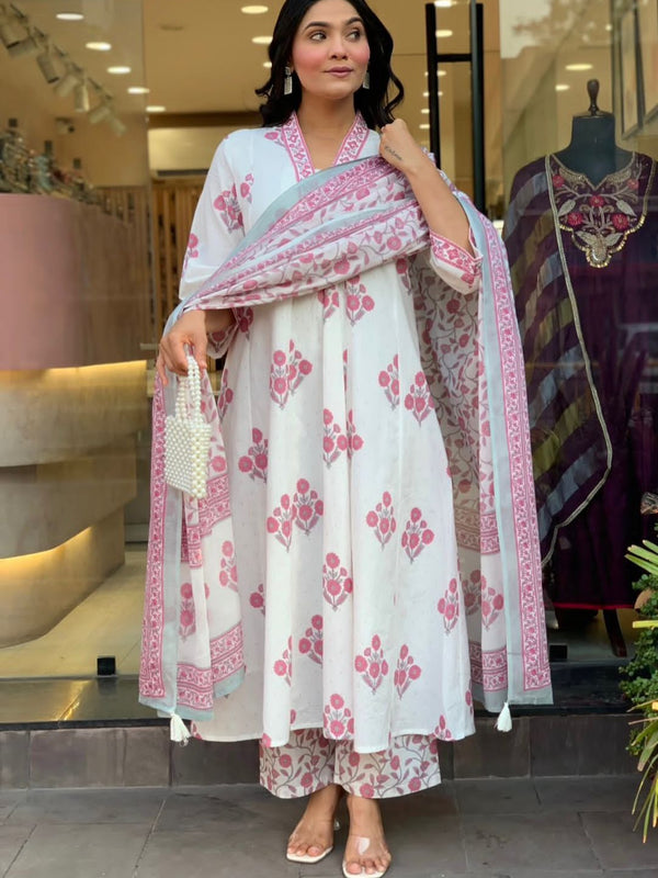 Elegant White & Pink Floral Printed Anarkali Suit Set with Dupatta