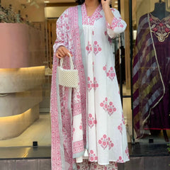 Elegant White & Pink Floral Printed Anarkali Suit Set with Dupatta