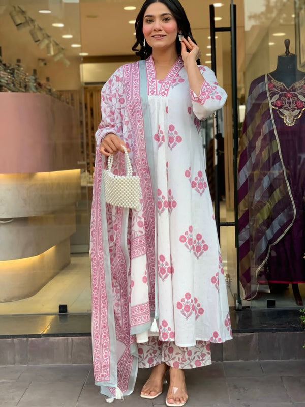 Elegant White & Pink Floral Printed Anarkali Suit Set with Dupatta