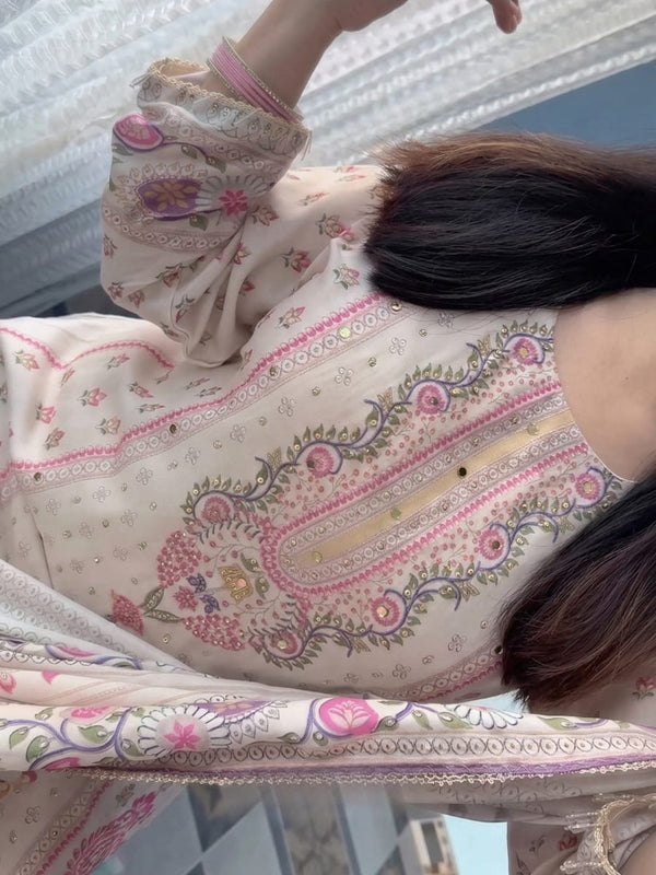 Pastel Floral Printed Kurta Set with Dupatta