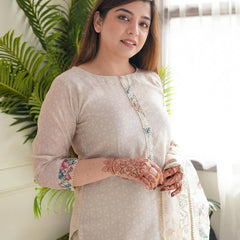 Elegant Floral Printed Cotton Suit Set with Sheer Dupatta