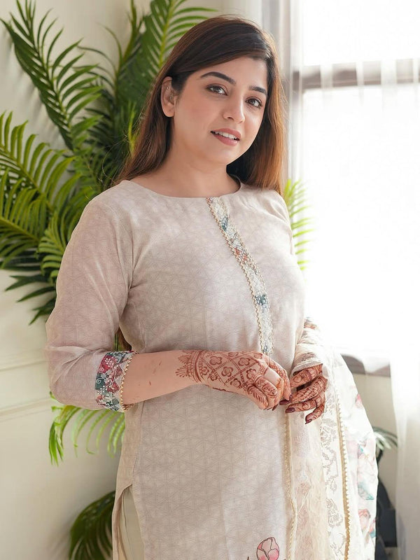 Elegant Floral Printed Cotton Suit Set with Sheer Dupatta