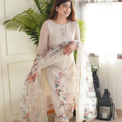 Elegant Floral Printed Cotton Suit Set with Sheer Dupatta