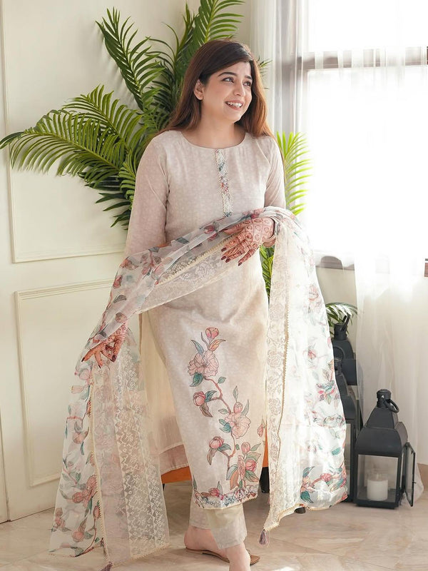 Elegant Floral Printed Cotton Suit Set with Sheer Dupatta