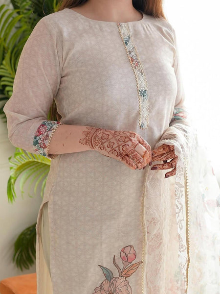Elegant Floral Printed Cotton Suit Set with Sheer Dupatta