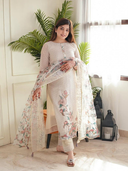 Elegant Floral Printed Cotton Suit Set with Sheer Dupatta