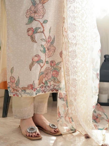 Elegant Floral Printed Cotton Suit Set with Sheer Dupatta