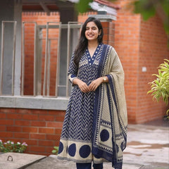 Women's Printed Cotton Anarkali Suit Set with Dupatta