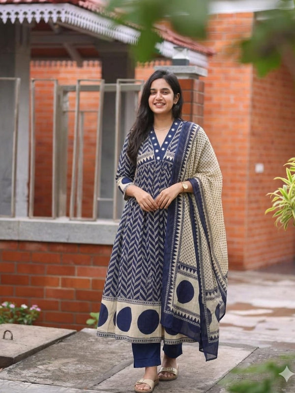 Women's Printed Cotton Anarkali Suit Set with Dupatta